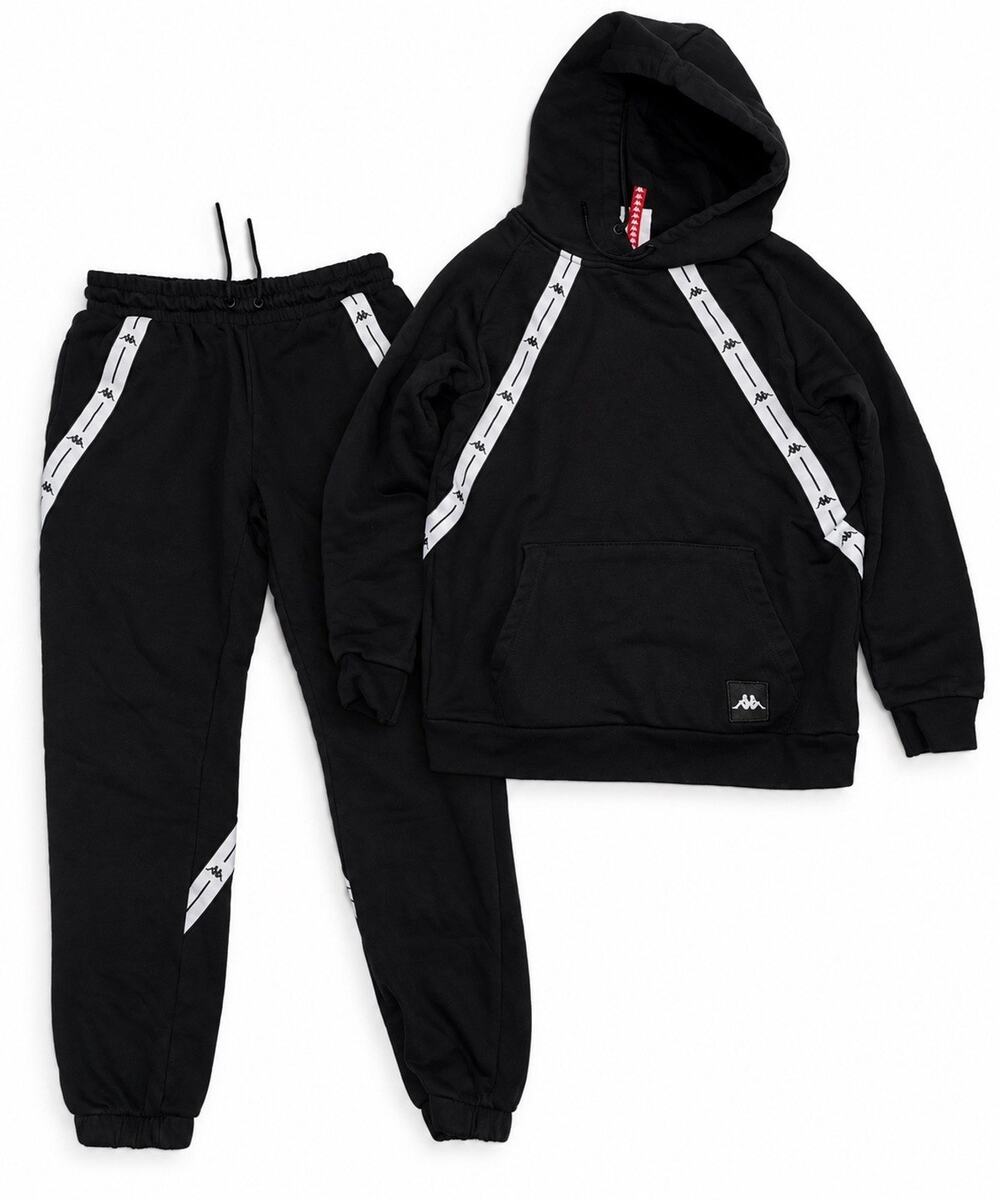 Kappa Men’s Small Black Logo Tape Hoodie Jogger Pants Tracksuit Set S